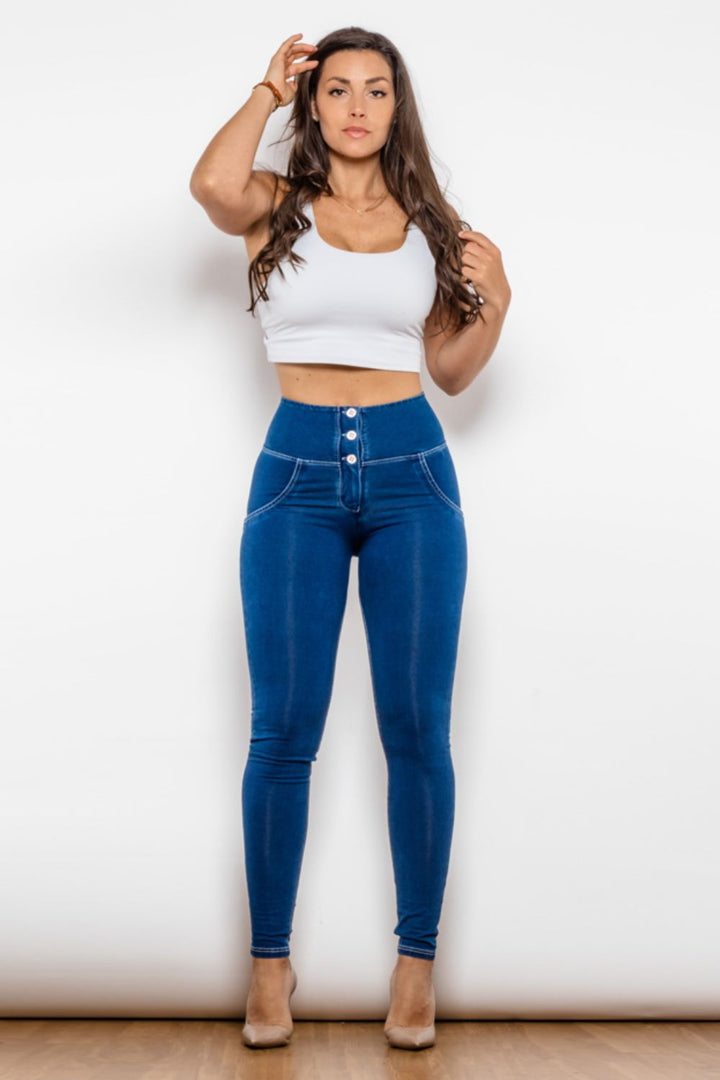 High Waist Skinny Buttoned Long Jeans - Jeans - FITGGINS