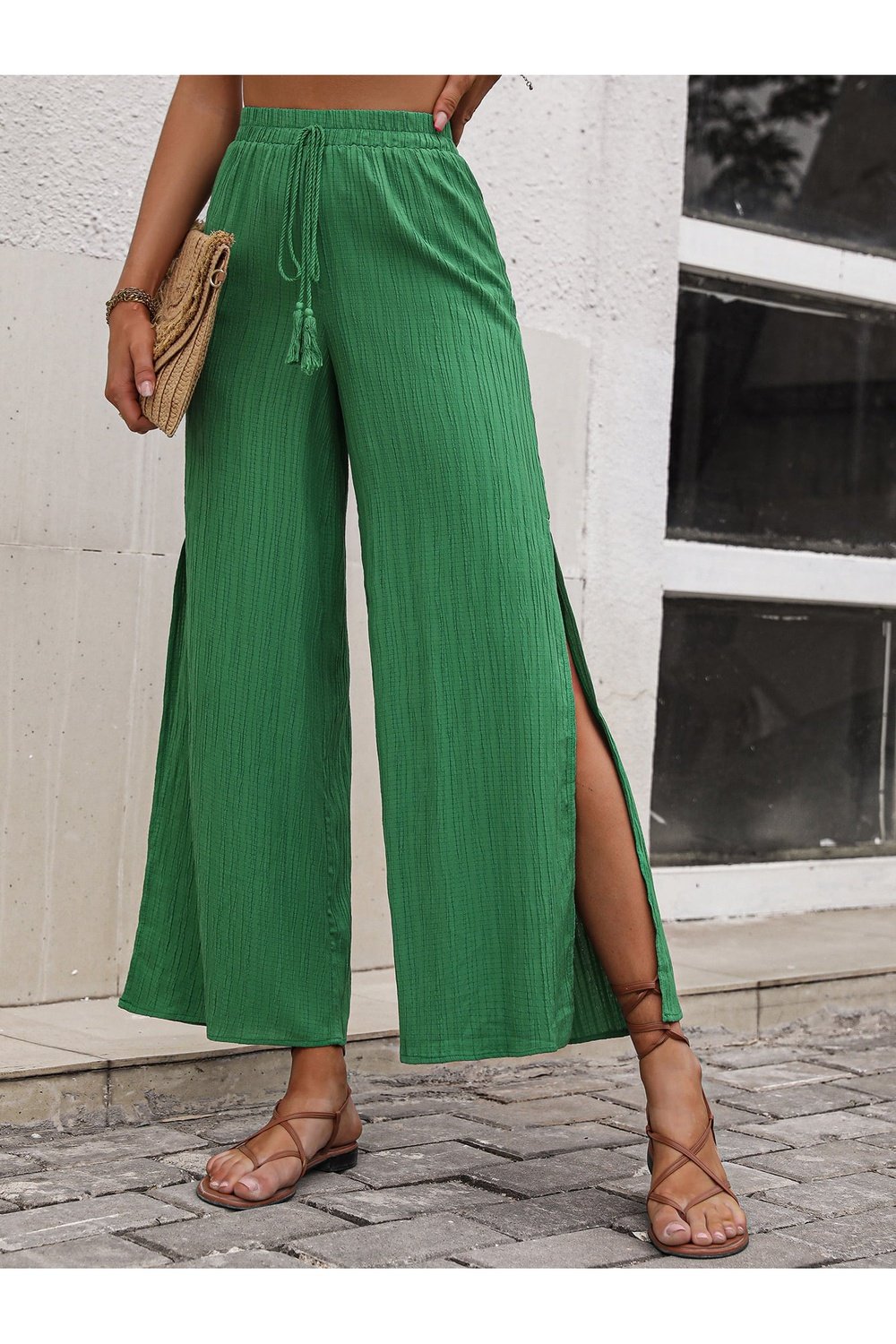 High Waist Slit Wide Leg Pants - Pants - FITGGINS