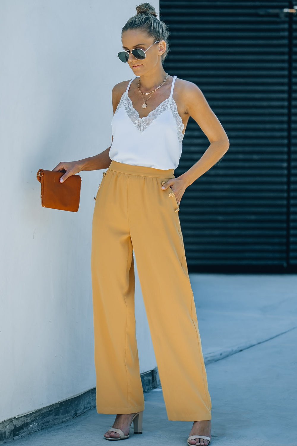 High Waist Wide Leg Pants with Pockets - Pants - FITGGINS