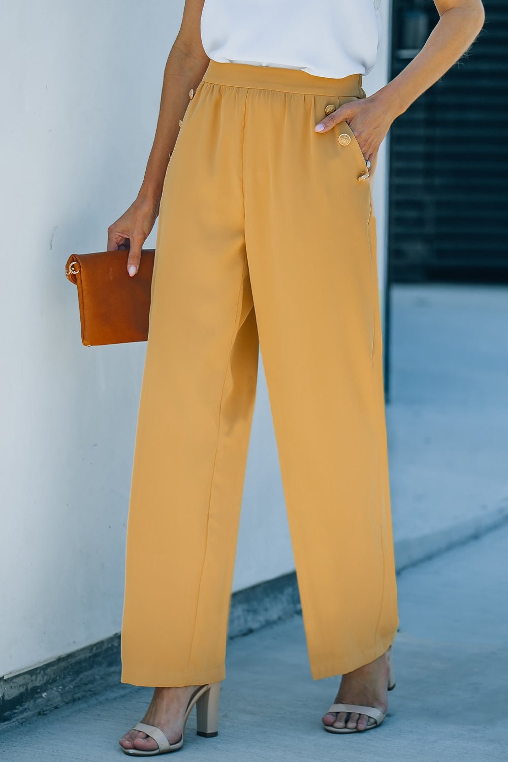High Waist Wide Leg Pants with Pockets - Pants - FITGGINS
