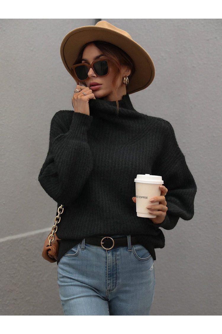 High Neck Balloon Sleeve Rib-Knit Pullover Sweater - Pullover Sweaters - FITGGINS