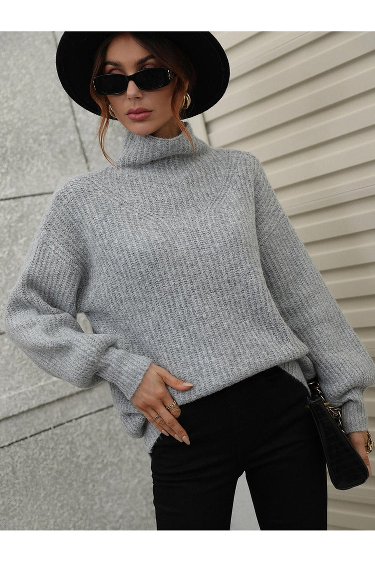 High Neck Balloon Sleeve Rib-Knit Pullover Sweater - Pullover Sweaters - FITGGINS