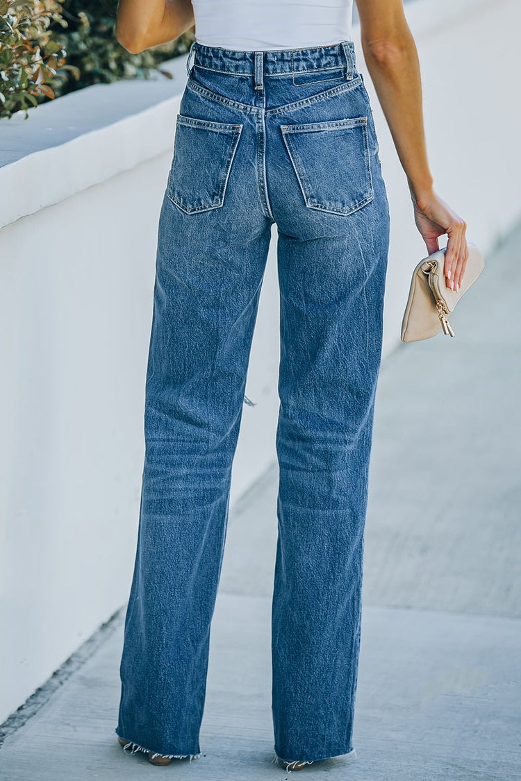 High-Rise Distressed Raw Hem Jeans - Jeans - FITGGINS