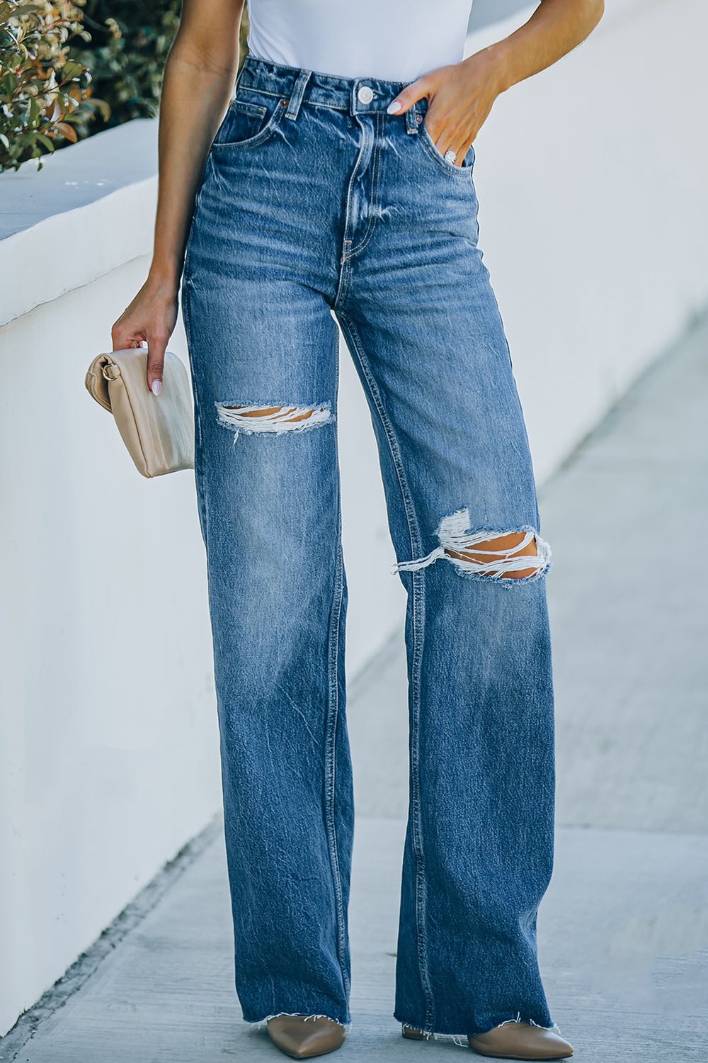 High-Rise Distressed Raw Hem Jeans - Jeans - FITGGINS