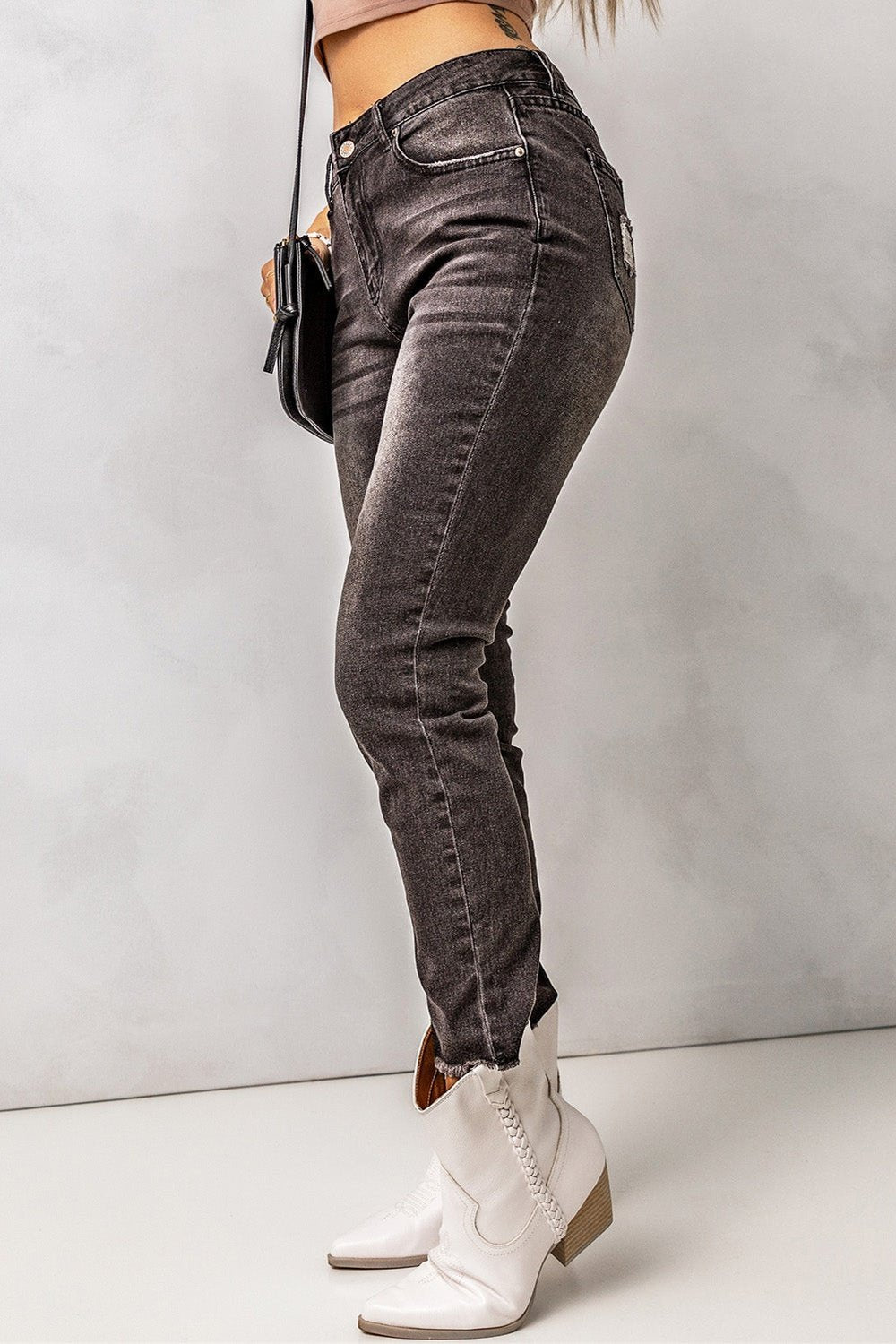 High Waist Raw Hem Skinny Jeans - Jeans - FITGGINS