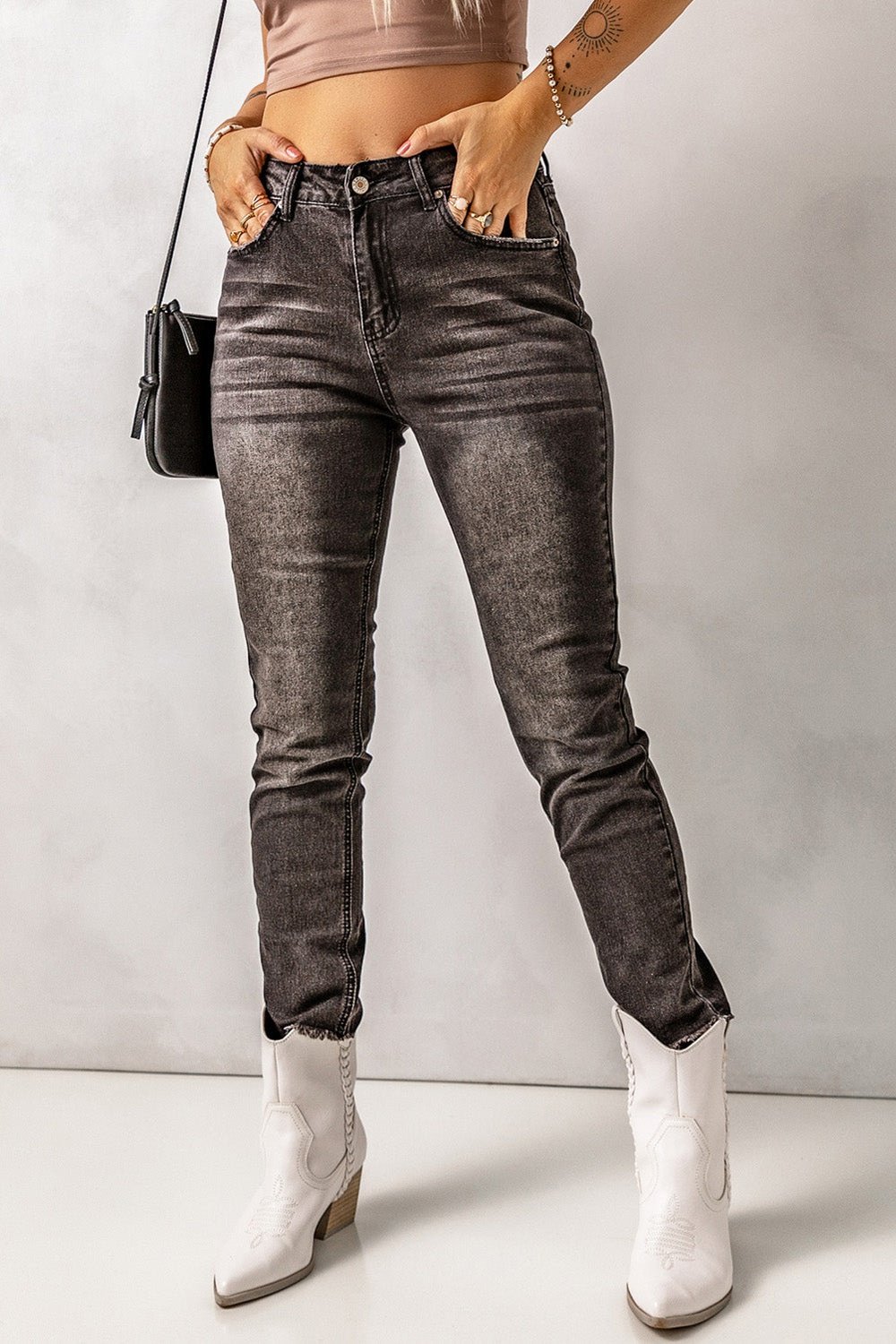 High Waist Raw Hem Skinny Jeans - Jeans - FITGGINS