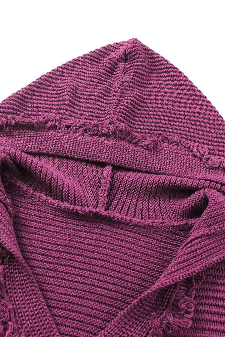 Horizontal Ribbing Fringe Trim Hooded Sweater - Sweatshirts & Hoodies - FITGGINS