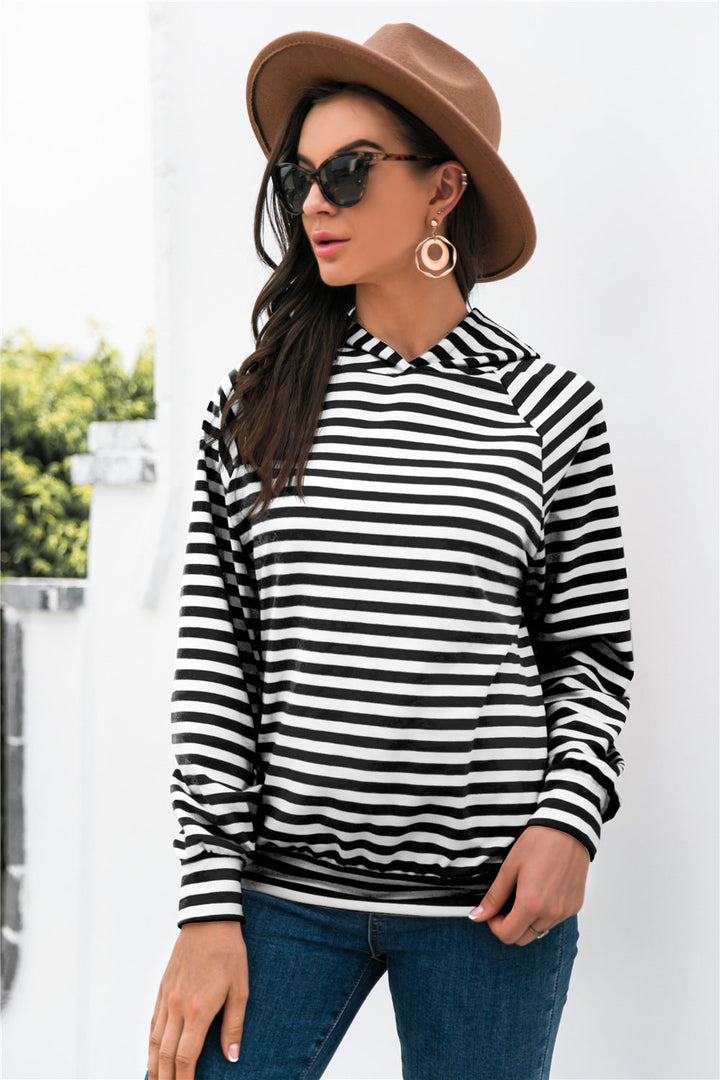 Horizontal Stripe Raglan Sleeve Hoodie - Sweatshirts & Hoodies - FITGGINS