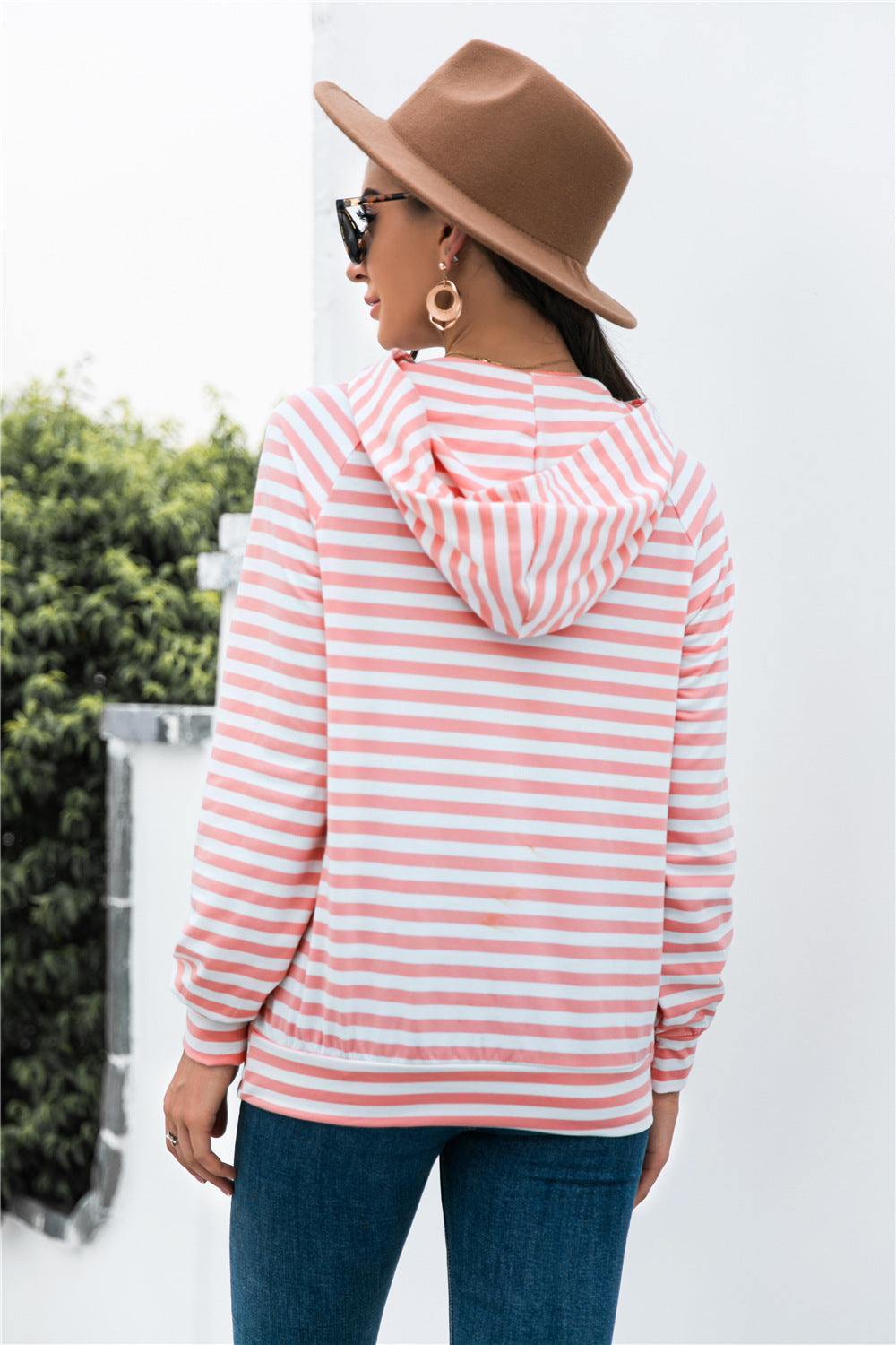 Horizontal Stripe Raglan Sleeve Hoodie - Sweatshirts & Hoodies - FITGGINS