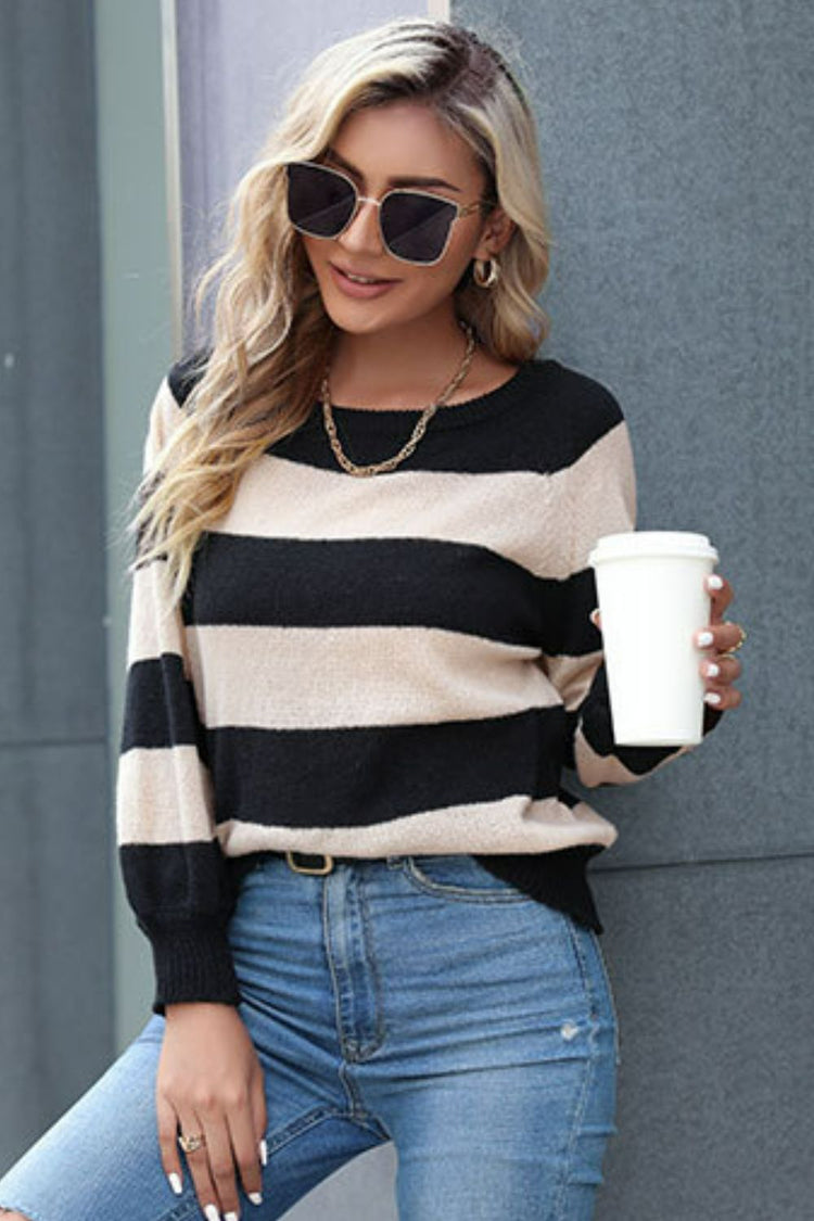 Horizontal Stripe Raglan Sleeve Sweater - Pullover Sweaters - FITGGINS