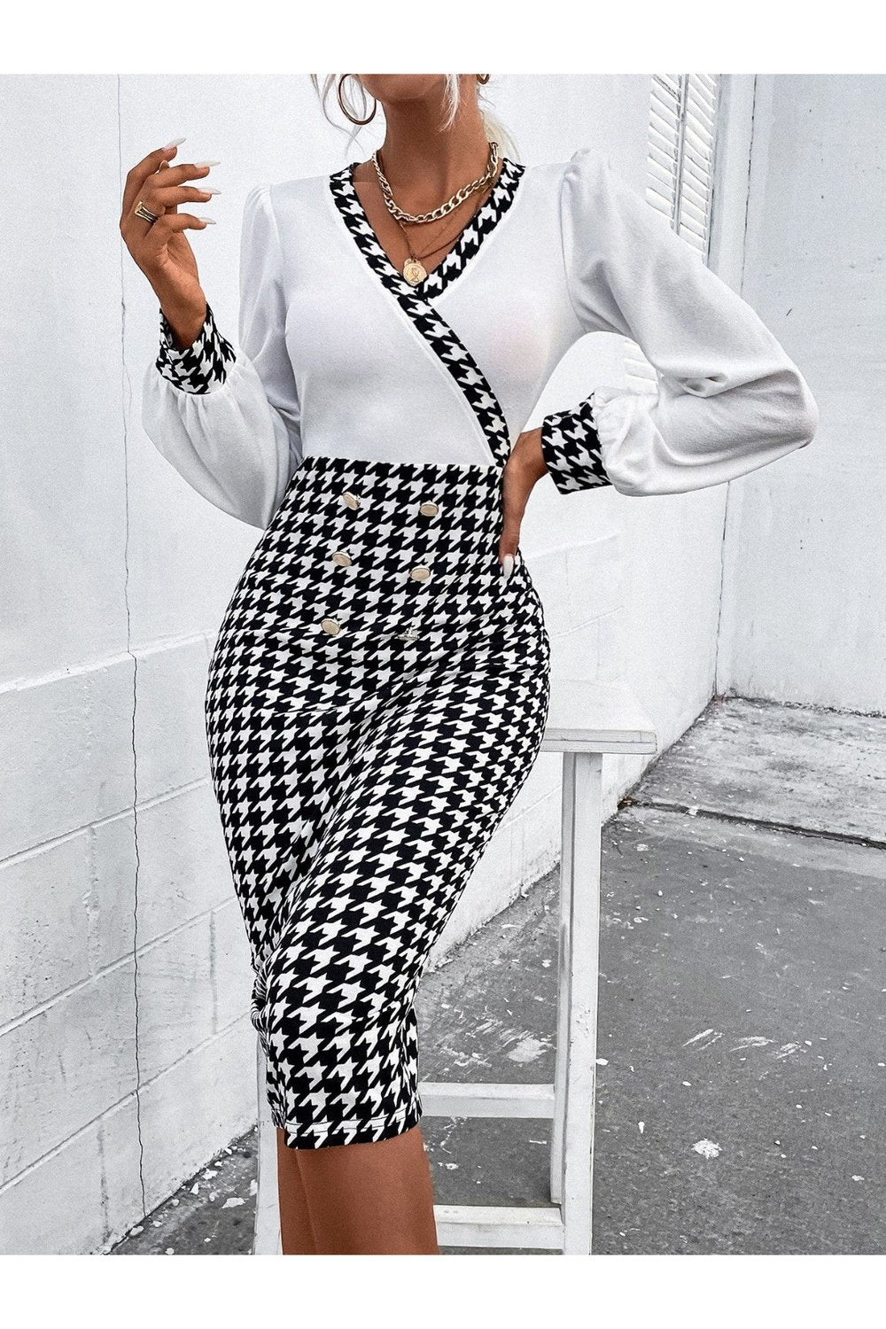 Houndstooth Long Sleeve Slit Dress - Casual & Maxi Dresses - FITGGINS