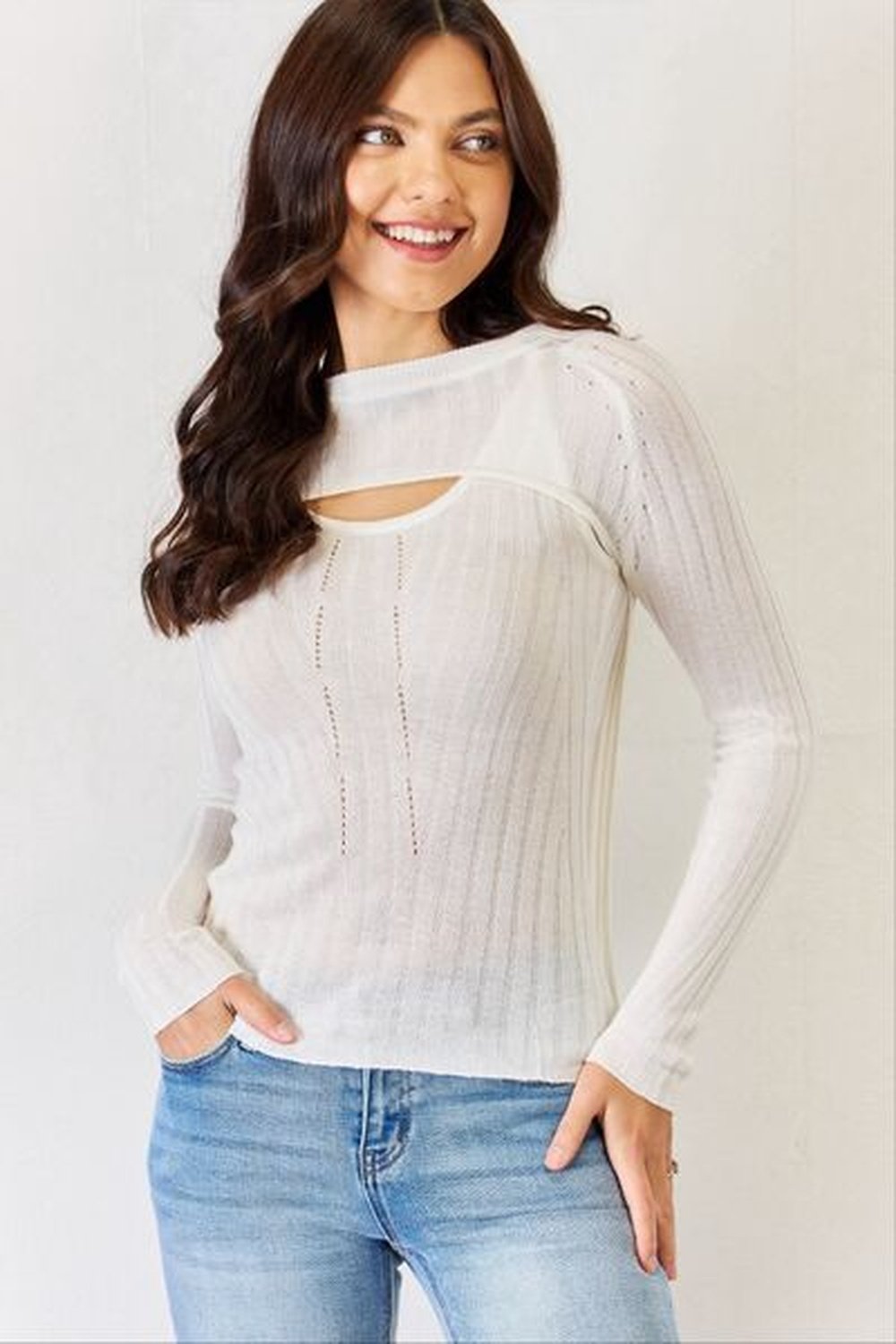 J.NNA Fitted Long Sleeve Cutout Top - Blouses - FITGGINS