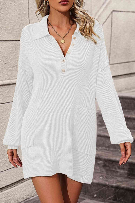 Johnny Collar Drop Shoulder Sweater Dress - Sweater Dresses - FITGGINS