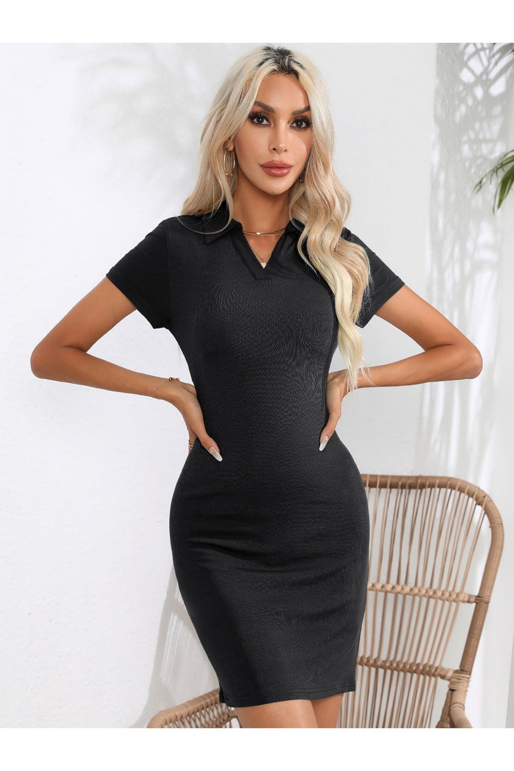 Johnny Collar Short Sleeve Bodycon Dress - Casual & Maxi Dresses - FITGGINS