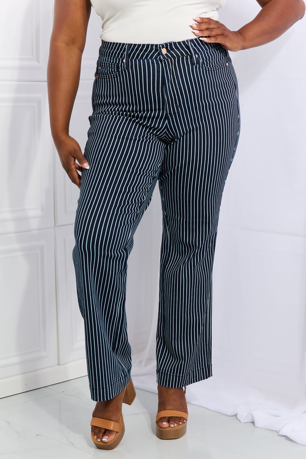 Judy Blue Cassidy Full Size High Waisted Tummy Control Striped Straight Jeans - Jeans - FITGGINS