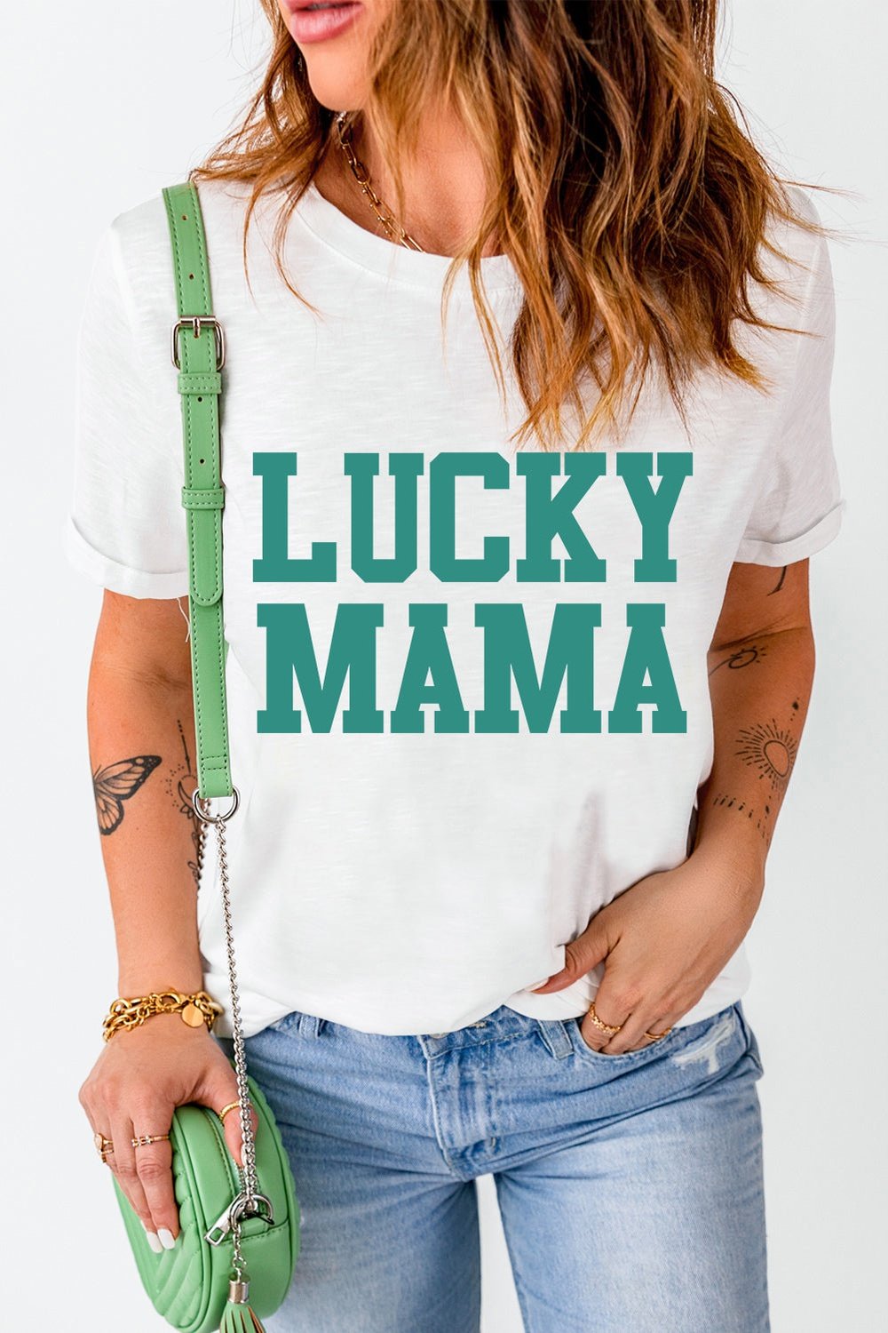 LUCKY MAMA Graphic Round Neck Tee - T-Shirts - FITGGINS