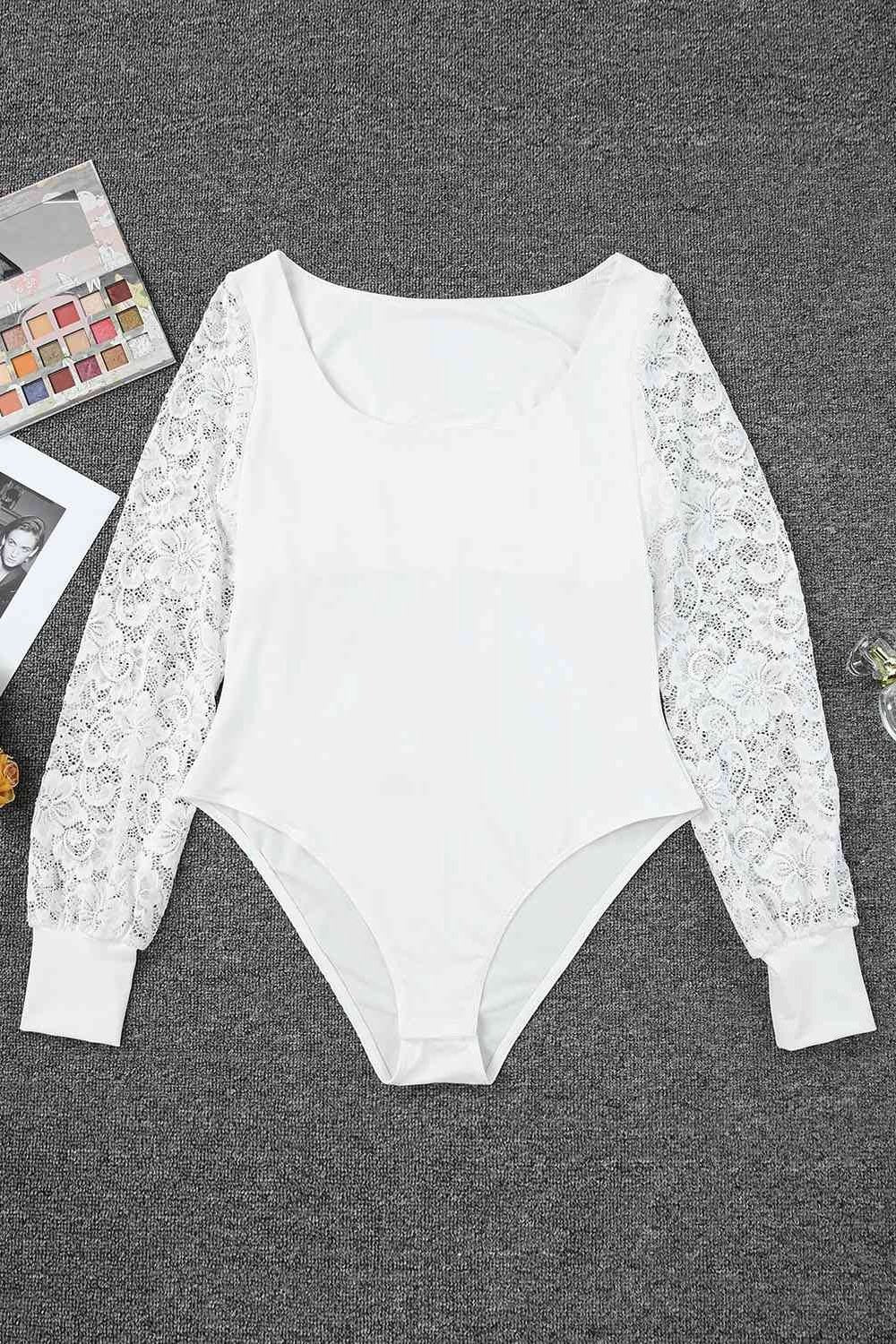 Lace Detail Scoop Neck Long Sleeve Bodysuit - Bodysuit - FITGGINS