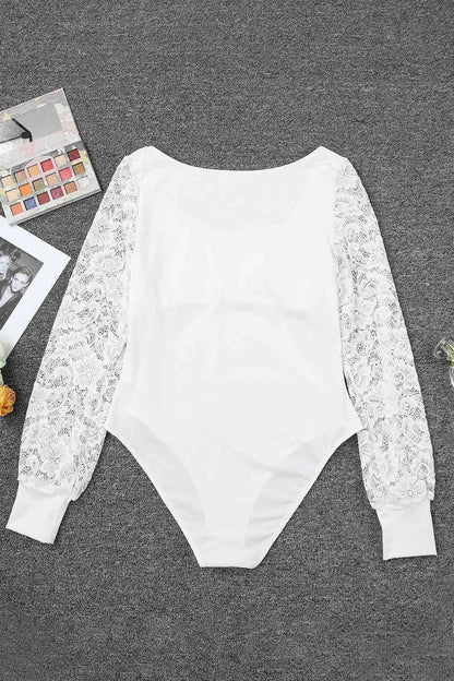 Lace Detail Scoop Neck Long Sleeve Bodysuit - Bodysuit - FITGGINS