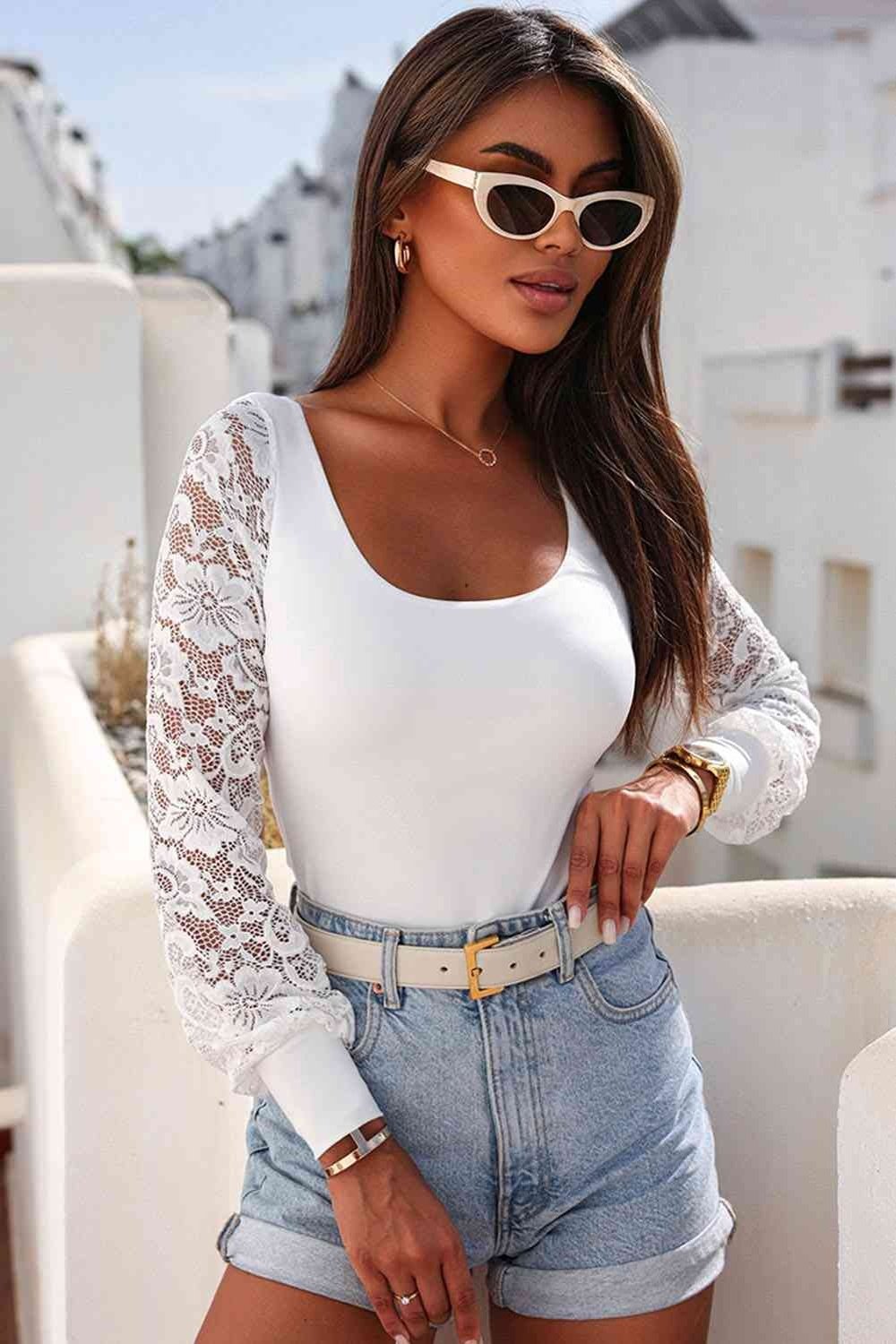 Lace Detail Scoop Neck Long Sleeve Bodysuit - Bodysuit - FITGGINS