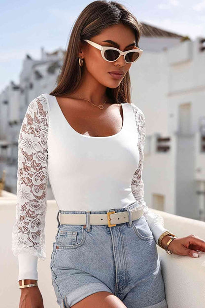 Lace Detail Scoop Neck Long Sleeve Bodysuit - Bodysuit - FITGGINS