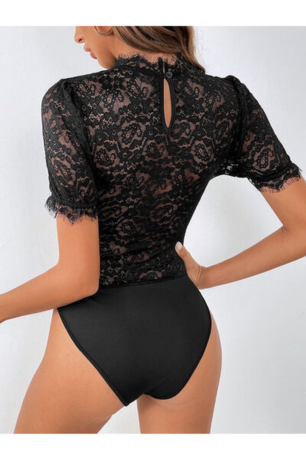 Lace Mock Neck Short Sleeve Bodysuit - Bodysuit - FITGGINS