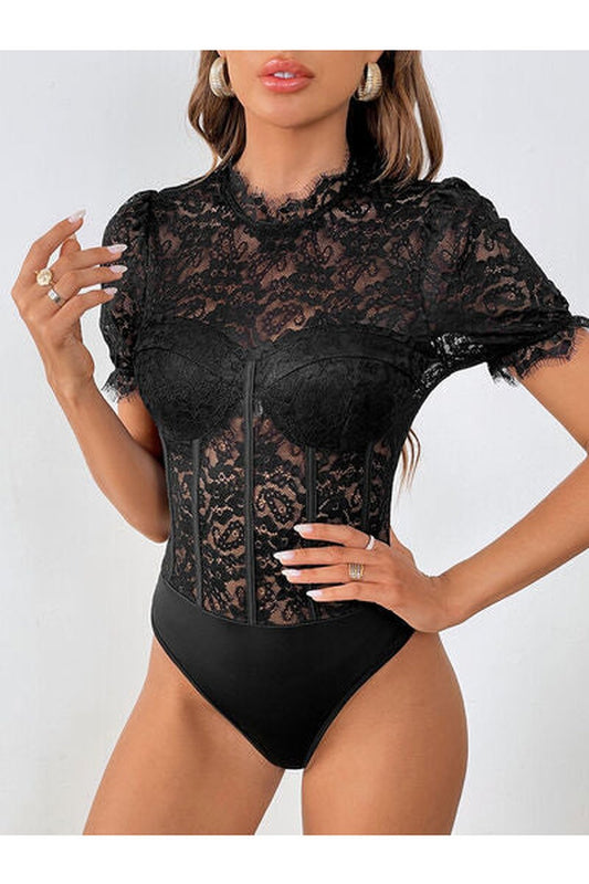 Lace Mock Neck Short Sleeve Bodysuit - Bodysuit - FITGGINS