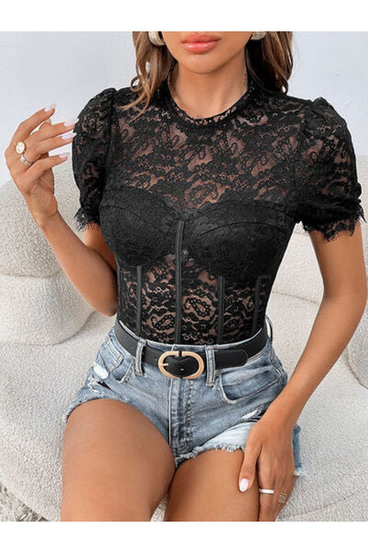 Lace Mock Neck Short Sleeve Bodysuit - Bodysuit - FITGGINS