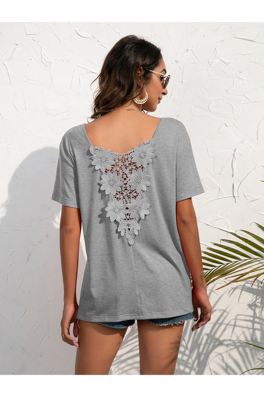 Lace Trim Short Sleeve Top - Blouses - FITGGINS