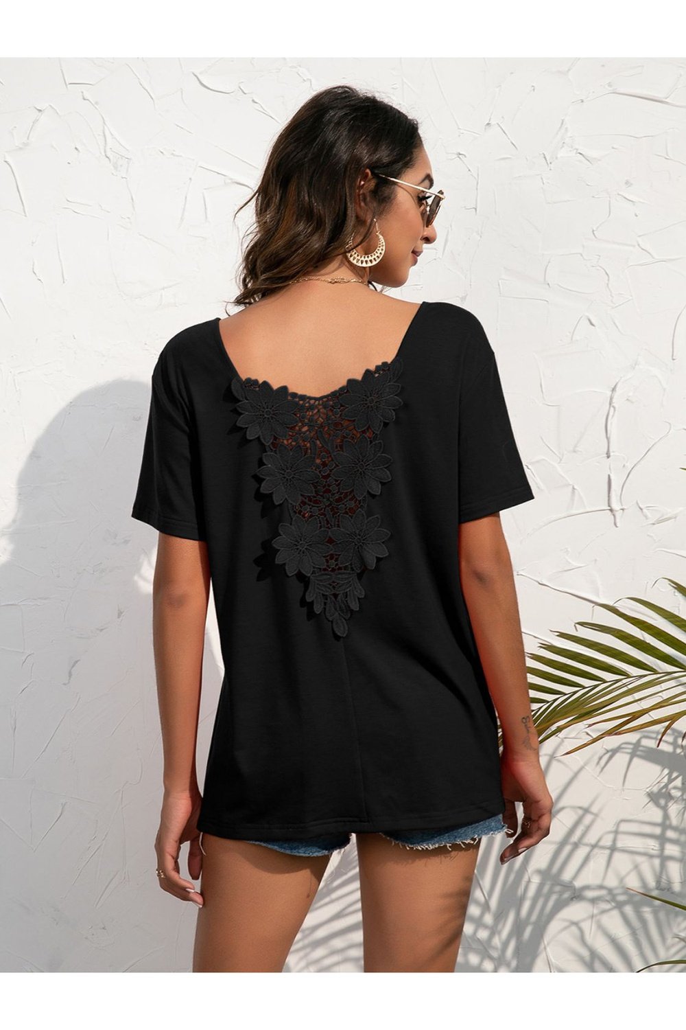 Lace Trim Short Sleeve Top - Blouses - FITGGINS