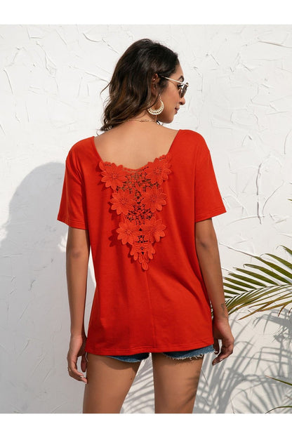 Lace Trim Short Sleeve Top - Blouses - FITGGINS