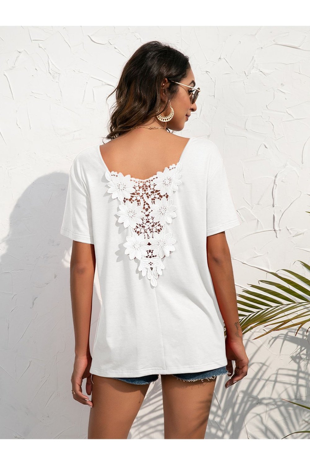 Lace Trim Short Sleeve Top - Blouses - FITGGINS