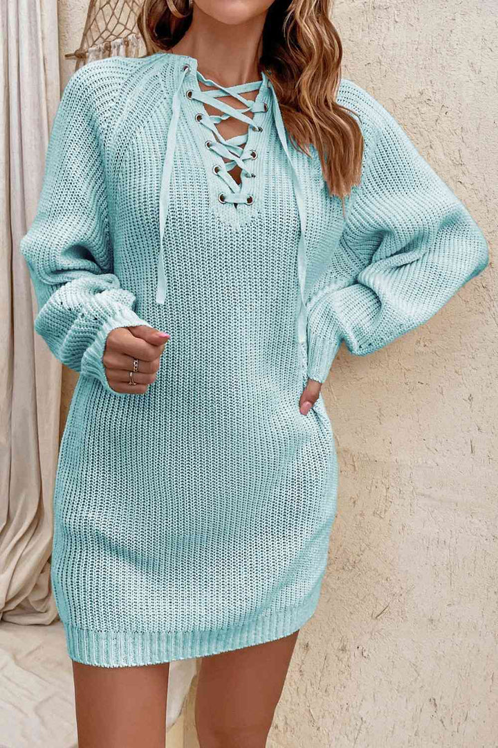 Lace-Up Mini Sweater Dress - Sweater Dresses - FITGGINS