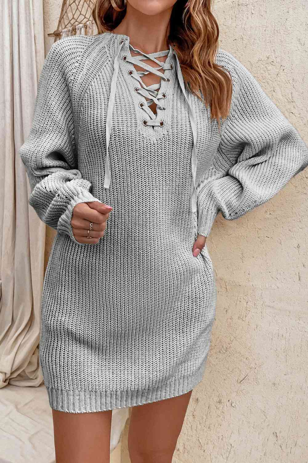 Lace-Up Mini Sweater Dress - Sweater Dresses - FITGGINS