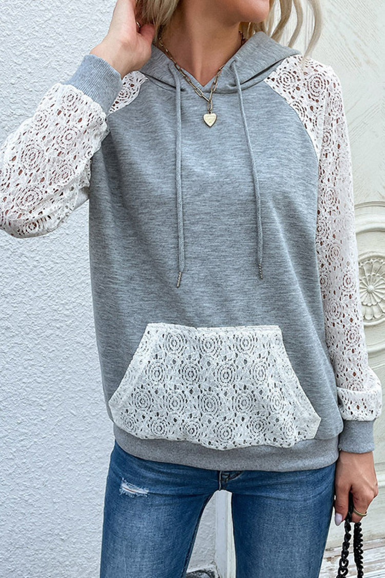 Lace Raglan Sleeve Drawstring Hoodie - Sweatshirts & Hoodies - FITGGINS