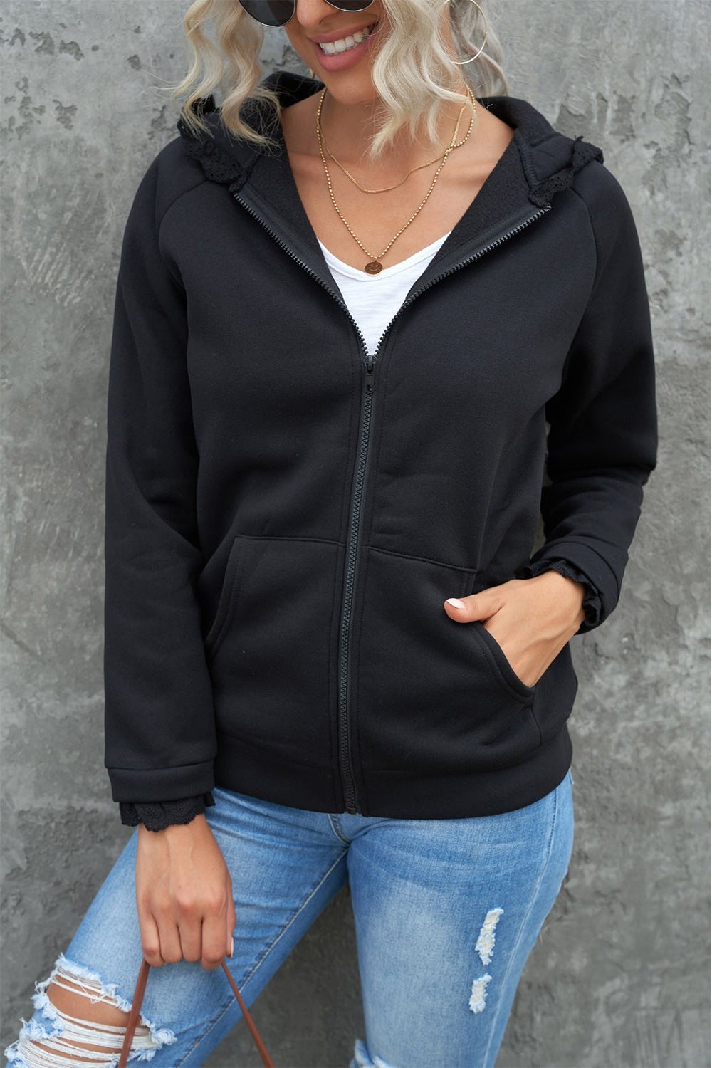 Lace Trim Zip-Up Hooded Jacket - Jackets - FITGGINS