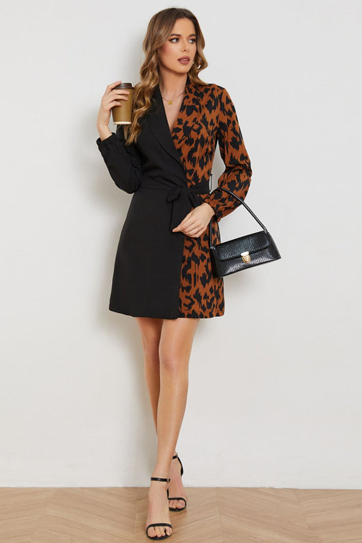 Leopard Color Block Belted Shawl Collar Dress - Casual & Maxi Dresses - FITGGINS
