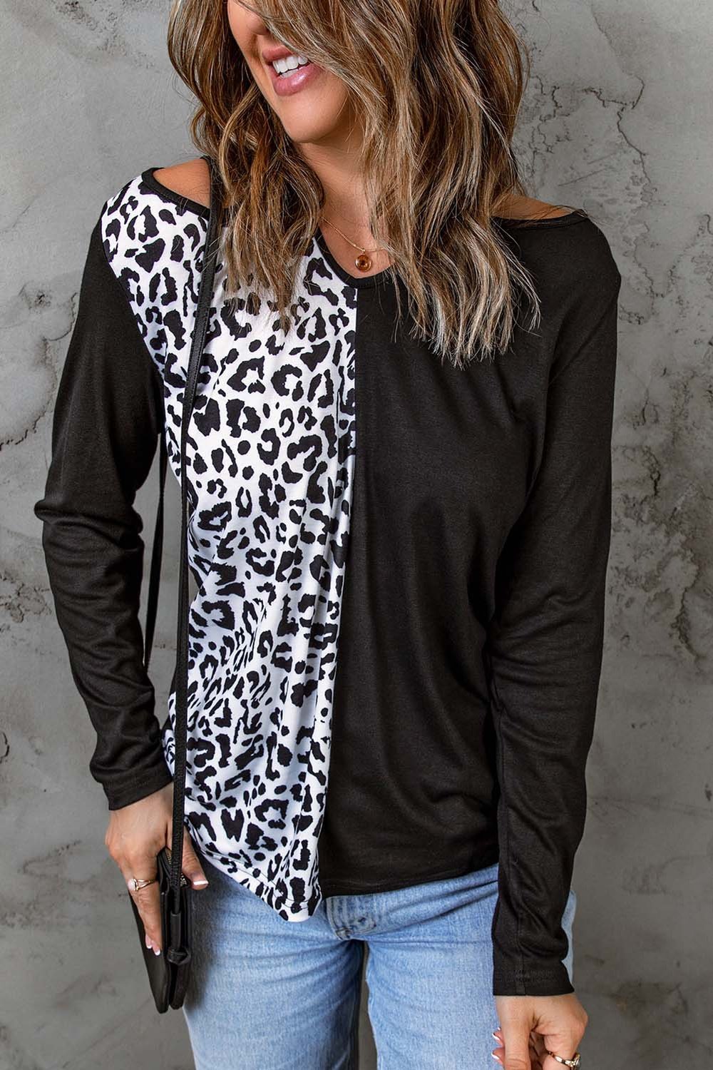 Leopard Color Block Crisscross Back Cold-Shoulder Top - T-Shirts - FITGGINS