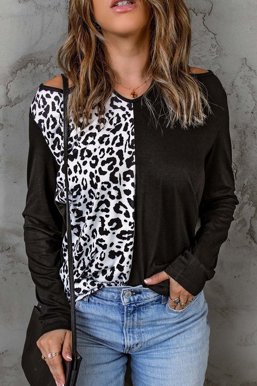 Leopard Color Block Crisscross Back Cold-Shoulder Top - T-Shirts - FITGGINS