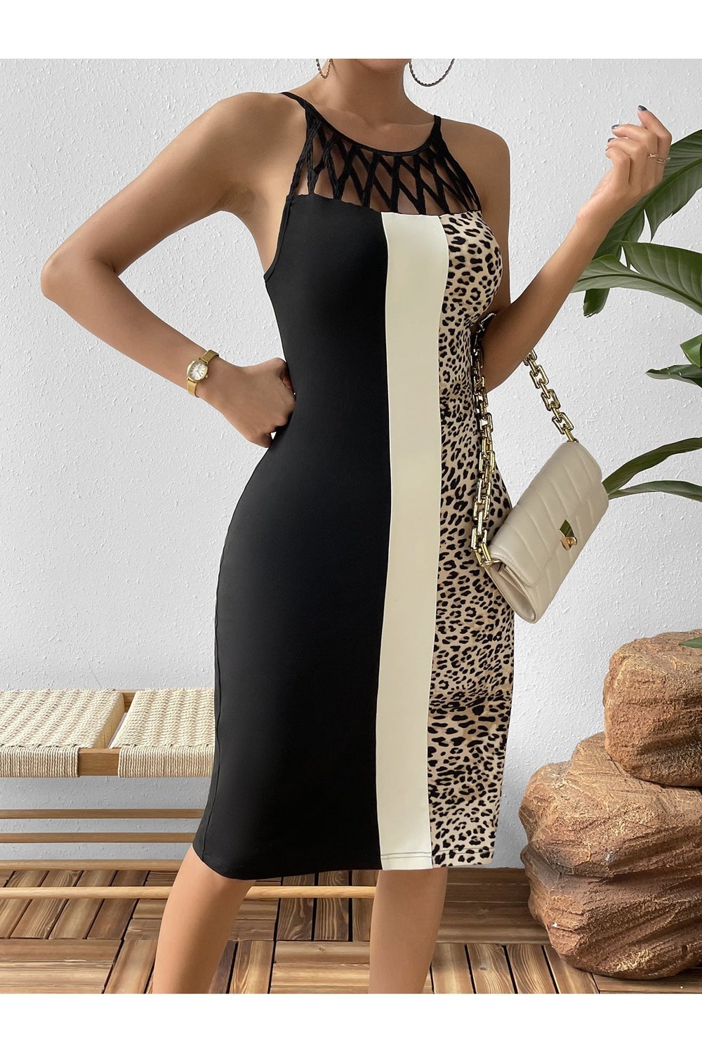 Leopard Color Block Cutout Sleeveless Knee-Length Dress - Casual & Maxi Dresses - FITGGINS