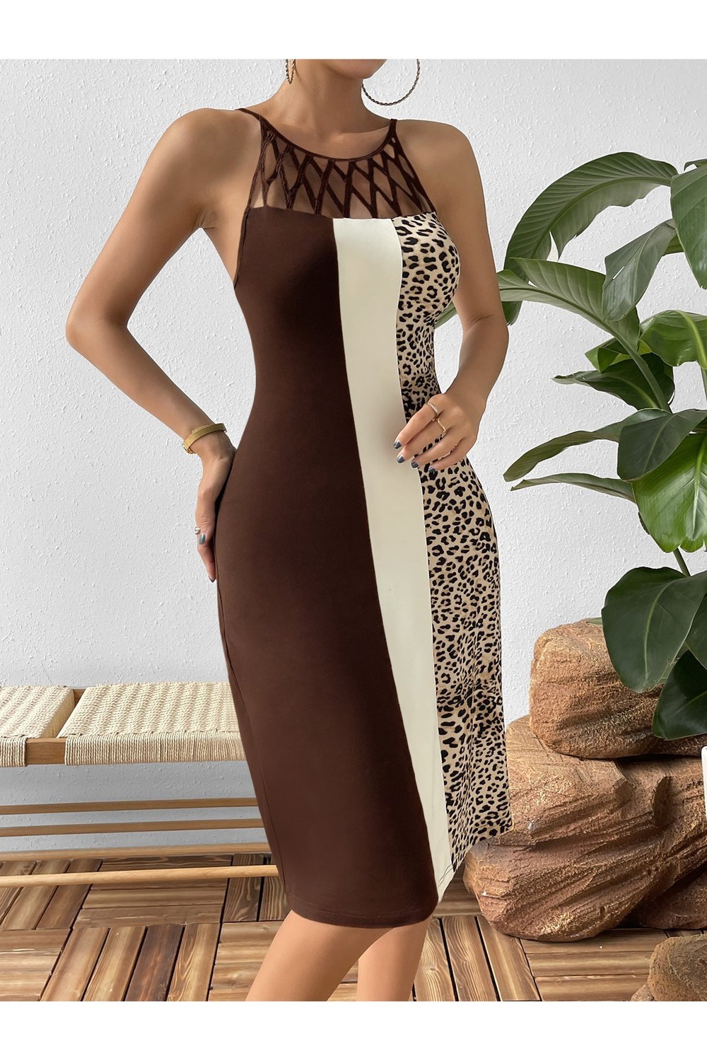 Leopard Color Block Cutout Sleeveless Knee-Length Dress - Casual & Maxi Dresses - FITGGINS