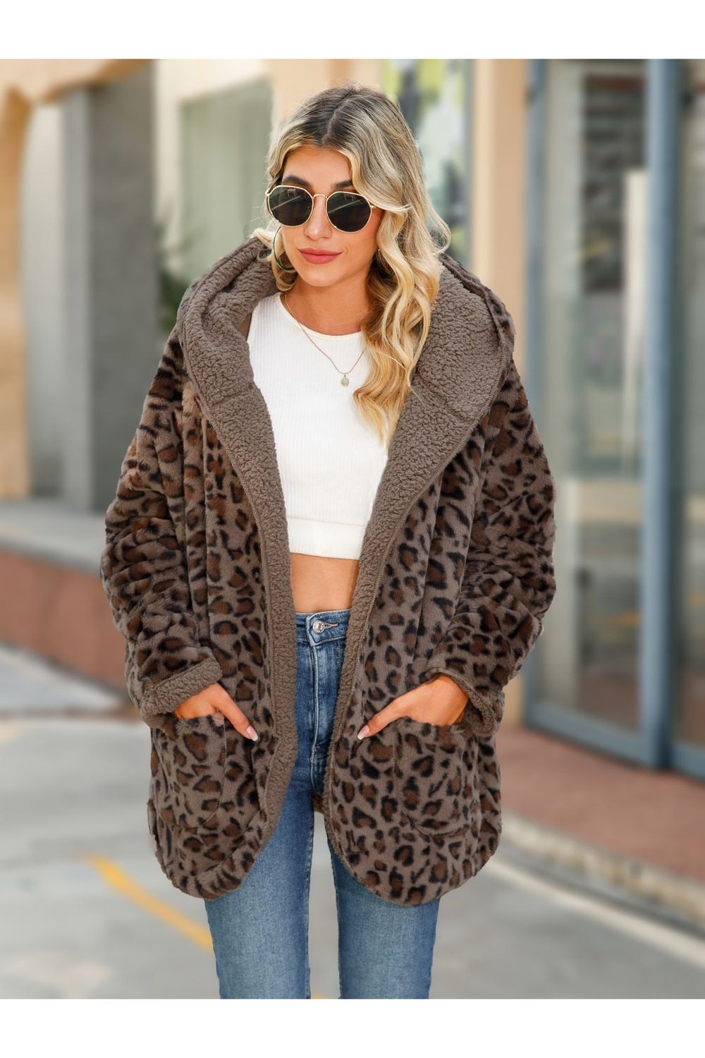 Leopard Hooded Coat with Pockets - Jackets - FITGGINS