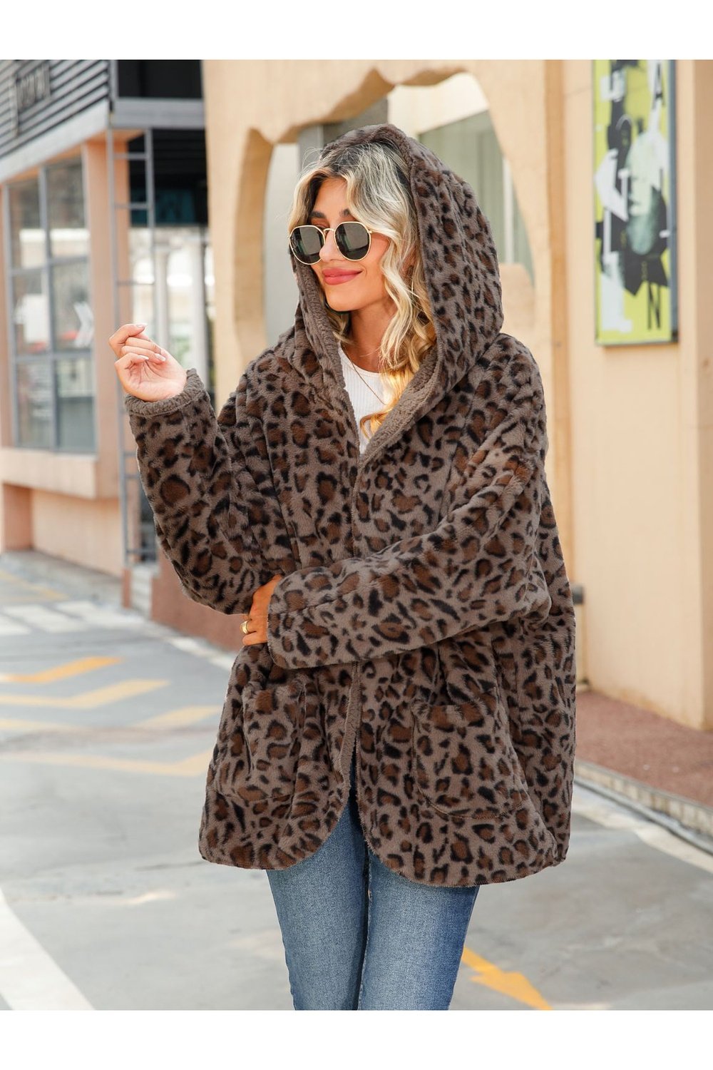 Leopard Hooded Coat with Pockets - Jackets - FITGGINS