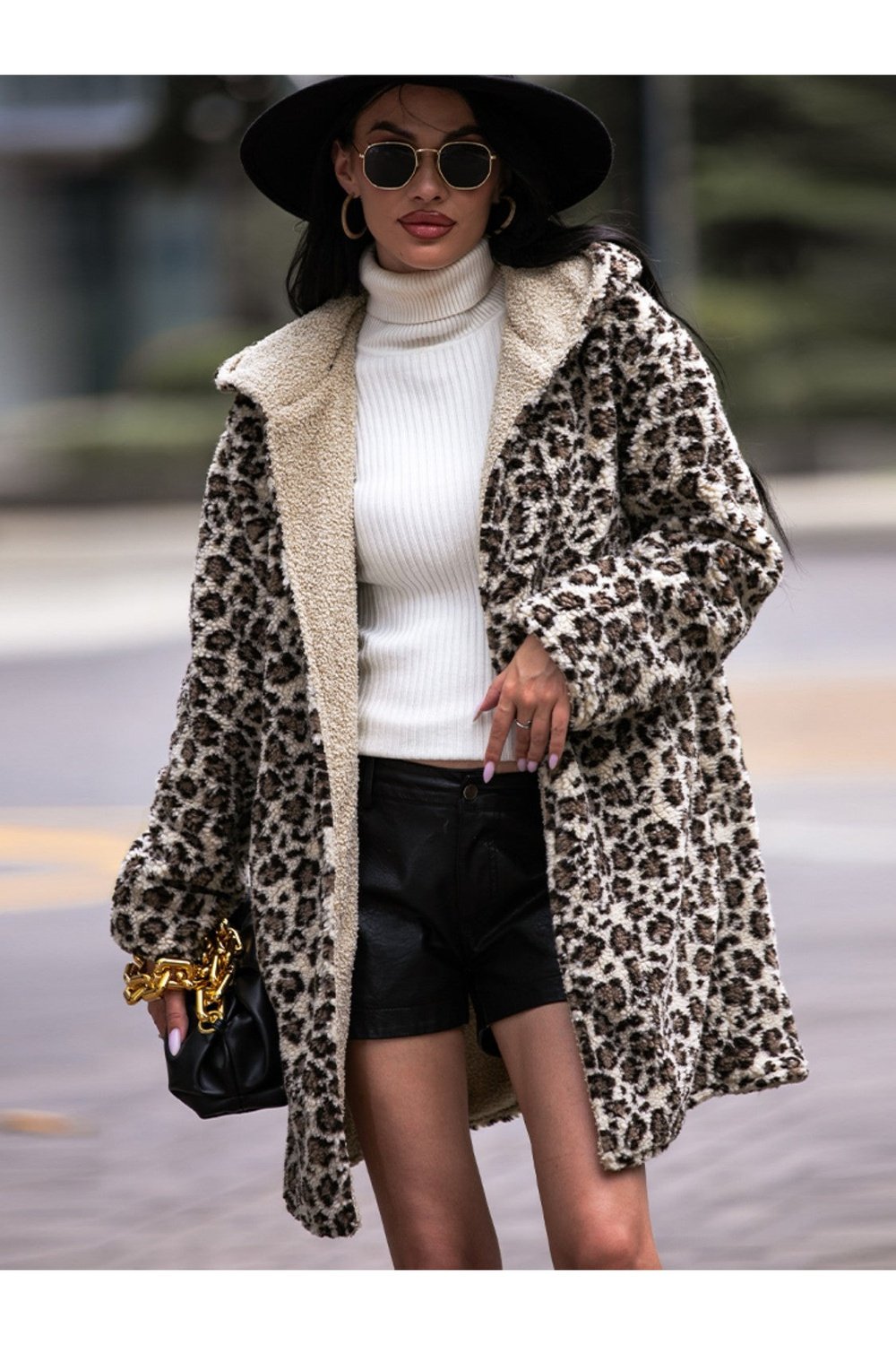 Leopard Hooded Coat with Pockets - Jackets - FITGGINS
