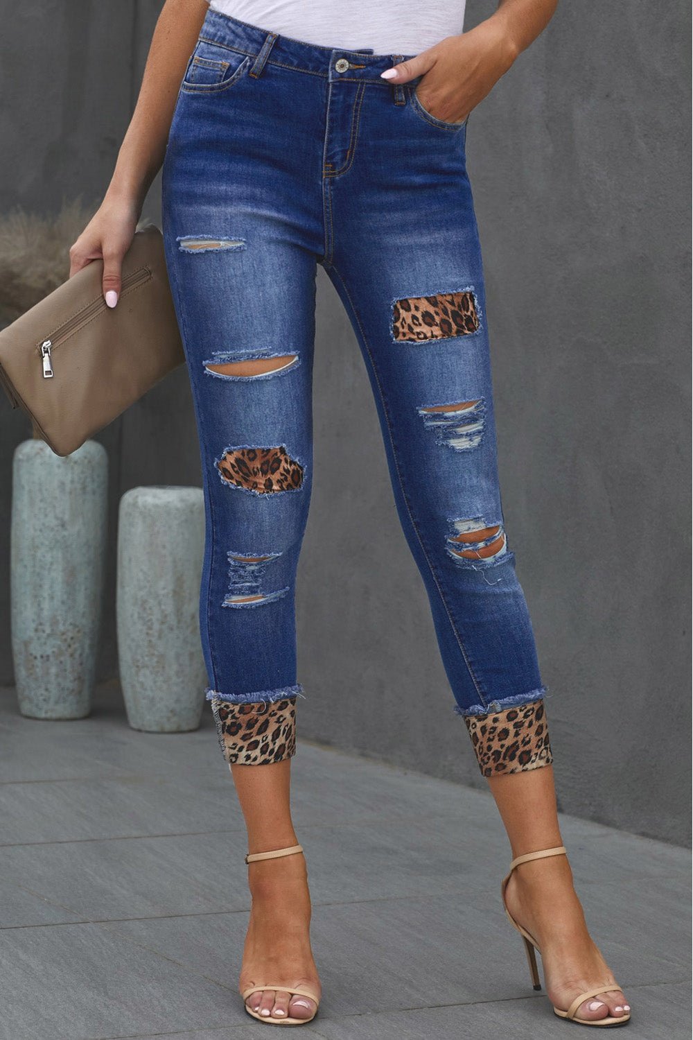 Leopard Patch Distressed Cropped Jeans - Jeans - FITGGINS