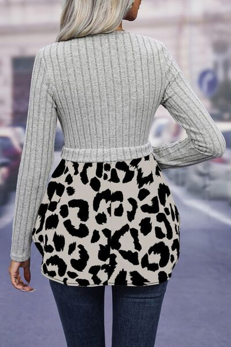 Leopard Peplum Round Neck Blouse - Blouses - FITGGINS