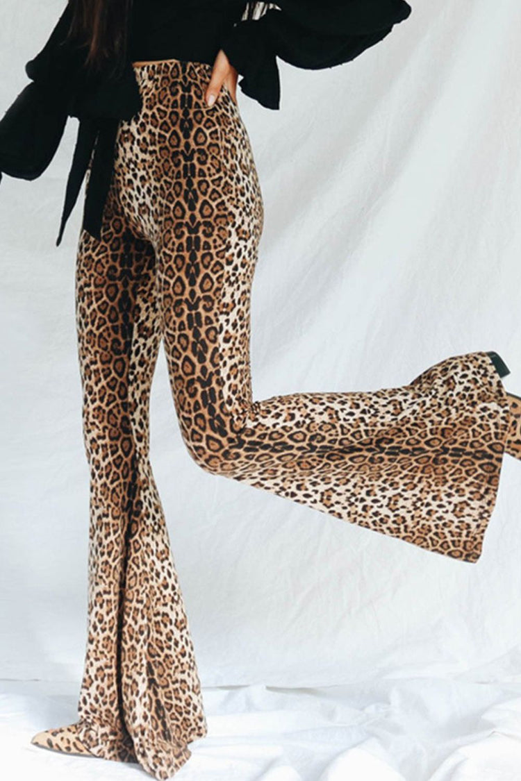 Leopard Print Flare Leg Pants - Pants - FITGGINS
