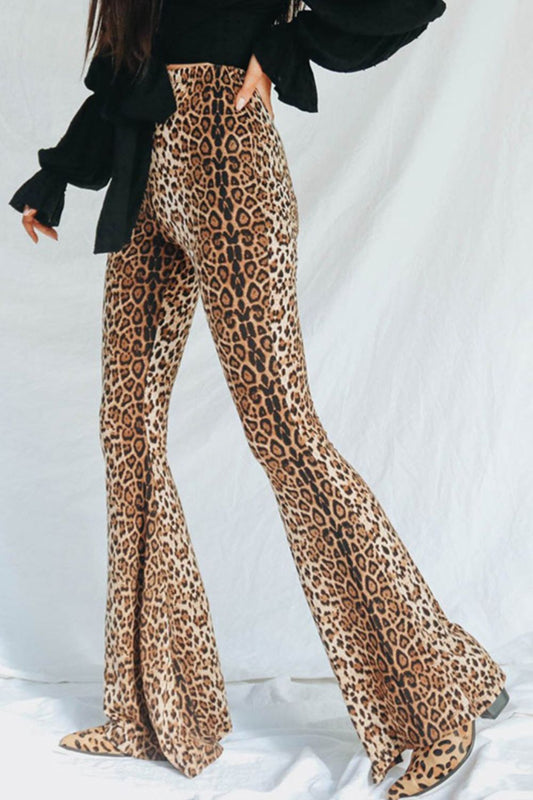 Leopard Print Flare Leg Pants - Pants - FITGGINS