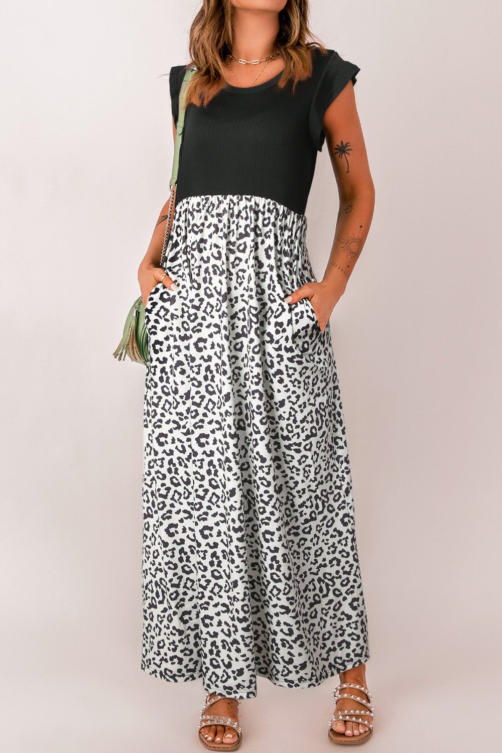Leopard Print Round Neck Maxi Dress with Pockets - Casual & Maxi Dresses - FITGGINS