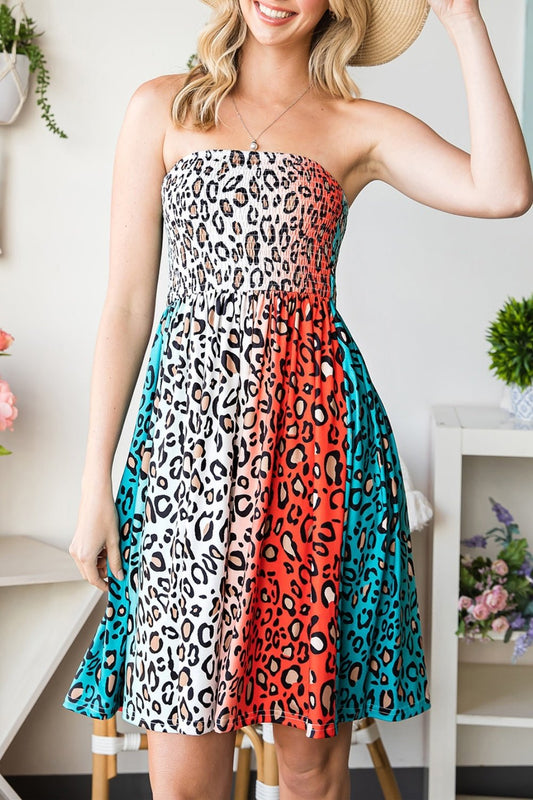 Leopard Print Smocked Strapless Dress - Casual & Maxi Dresses - FITGGINS