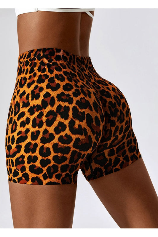 Leopard Print Wide Waistband Sports Shorts - Short Leggings - FITGGINS